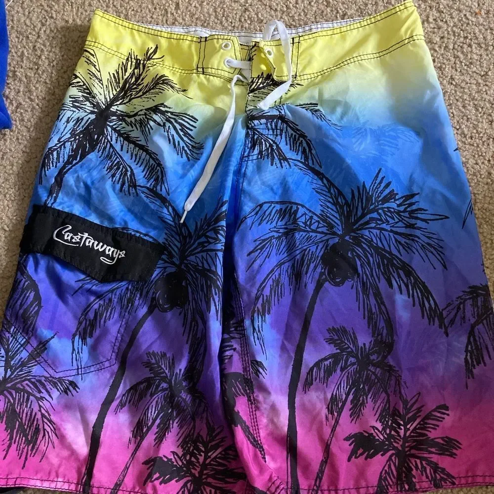 Mens Castaways Colorful Blue and Pink Palm Tree Swim Trunks